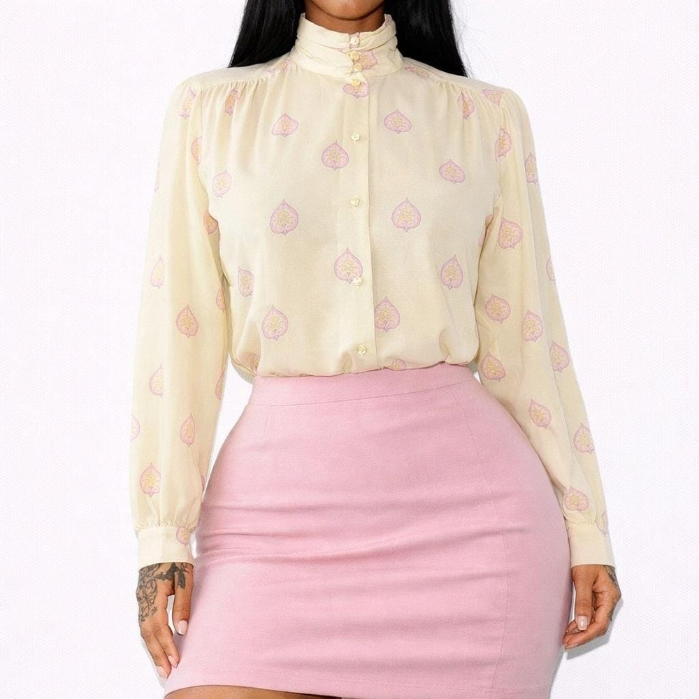 80s Vintage Puff Sleeve Mock Neck Cream Blouse Pink Teardrop Print Womens S Boho